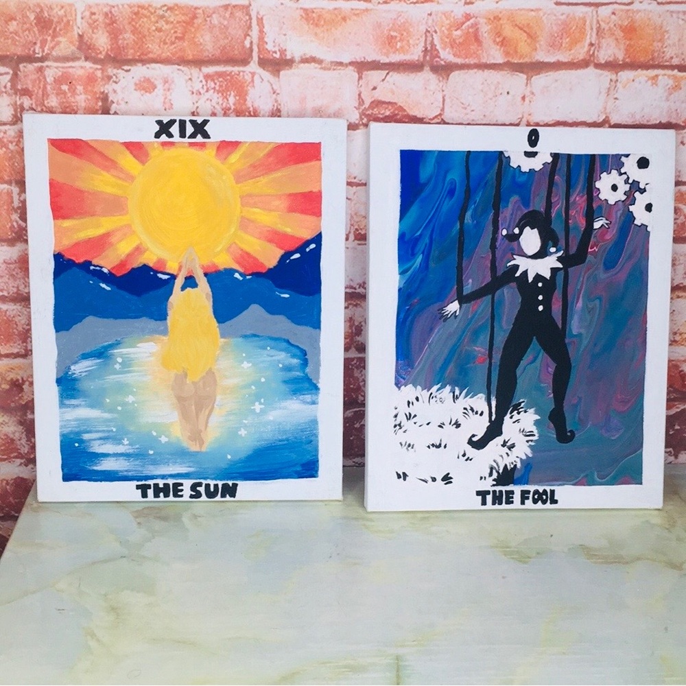 Set of Two Original Colorful Painted Canvas Colorful Tarot Card Wall Art Set